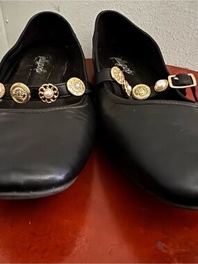 Black Mary Jane Flats with Gold Button Embellishments